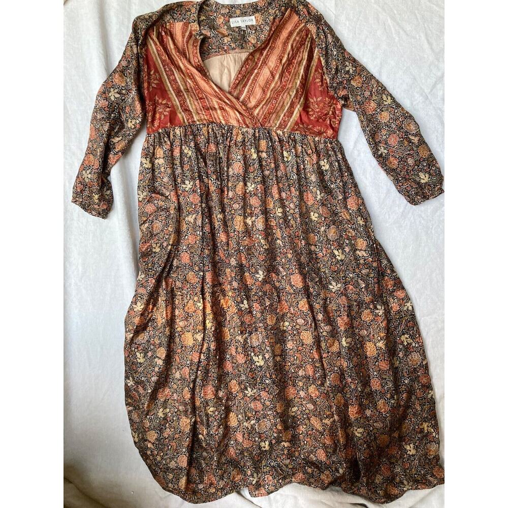 Lisa Taylor Silk Cotton S/M V neck Long Sleeve Dress Boho Lagenlook Brown Maroon
